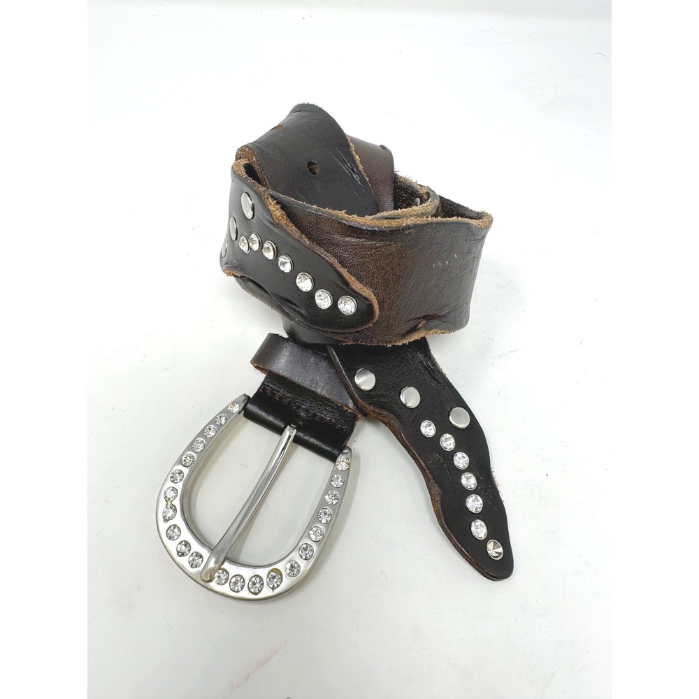 Unbranded 1.5" Rhinestone Studded Pieced Leather Belt Brown S